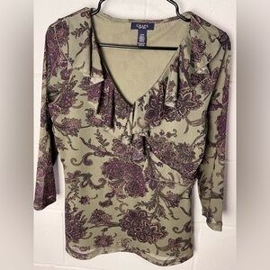 Chaps Paisley V-Neck Blouse - Purple and Green